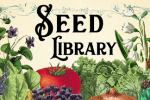 Picture of produce on cream colored background with Seed Library written above.